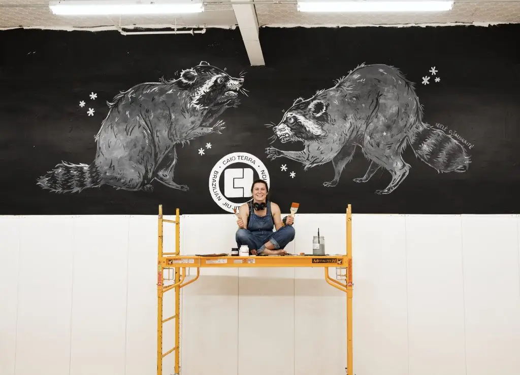 Raccoon mural progress and scale